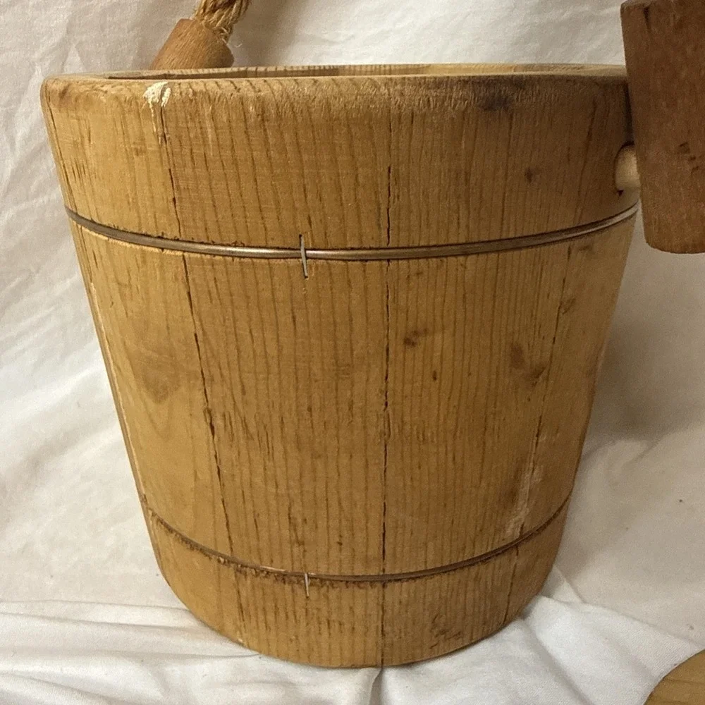 Vintage Wooden Firkin Sugar Bucket Copper Wire Band Rope Well Pail Cottagecore
